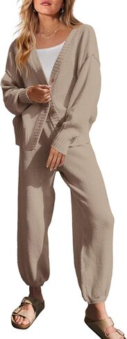 Yanekop Womens Two Piece Outfits V Neck Button Down Cardigan Sweater Sets Cozy Knit Loungewear Set in Saudi Arabia