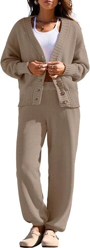 Yanekop Womens Two Piece Outfits V Neck Button Down Cardigan Sweater Sets Cozy Knit Loungewear Set in Saudi Arabia