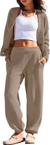 Yanekop Womens Two Piece Outfits V Neck Button Down Cardigan Sweater Sets Cozy Knit Loungewear Set in Saudi Arabia
