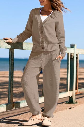 Yanekop Womens Two Piece Outfits V Neck Button Down Cardigan Sweater Sets Cozy Knit Loungewear Set in Saudi Arabia