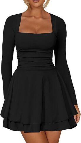 Women's Sexy Square Neck Black Long Sleeve Mini Dress Slim Fit Ruffle Hem Holiday Cacktail Club Party Short Dresses in Saudi Arabia