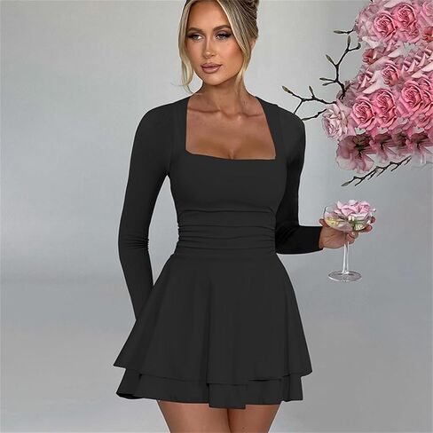 Women's Sexy Square Neck Black Long Sleeve Mini Dress Slim Fit Ruffle Hem Holiday Cacktail Club Party Short Dresses in Saudi Arabia