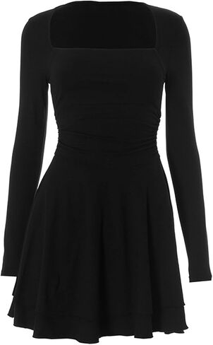Women's Sexy Square Neck Black Long Sleeve Mini Dress Slim Fit Ruffle Hem Holiday Cacktail Club Party Short Dresses in Saudi Arabia