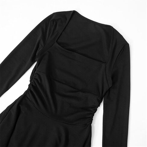 Women's Sexy Square Neck Black Long Sleeve Mini Dress Slim Fit Ruffle Hem Holiday Cacktail Club Party Short Dresses in Saudi Arabia