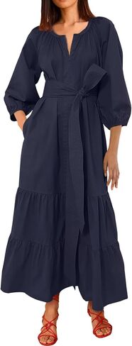 Women's Ruffle Maxi Dress Puff Sleeve Flowy Tiered Long Dress with Belt Elegant Party Dress in Saudi Arabia