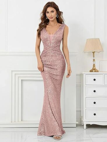Women Sequin Bridesmaid Dress V-Neck Sleeveless Party Maxi Dress Mermaid Formal Evening Prom Gowns in Saudi Arabia