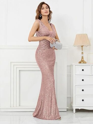 Women Sequin Bridesmaid Dress V-Neck Sleeveless Party Maxi Dress Mermaid Formal Evening Prom Gowns in Saudi Arabia