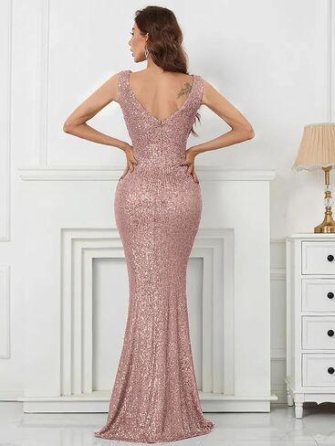 Women Sequin Bridesmaid Dress V-Neck Sleeveless Party Maxi Dress Mermaid Formal Evening Prom Gowns in Saudi Arabia