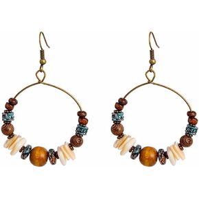 Boho Beaded Hoop Earrings for Women Vintage Wood Beads Shell Turquoise Dangle Earrings Ethnic Tassel Charms Drop Earrings Statement Jewelry Gifts