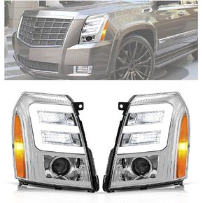 KUAFU LED Projector Headlights Compatible with 2007-2014 Cadillac Escalade ESV EXT DRL Tube Bar Head Lights Lamps Assembly Clear Lens Driver & Passenger Side