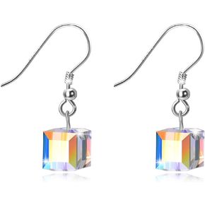 AOBOCO Sterling Silver Cube Crystal Earrings, Aurora Borealis Iridescent Crystals from Austria, Dangle Drop Earrings for Women, Anniversary Birthday Jewelry Gifts for Her