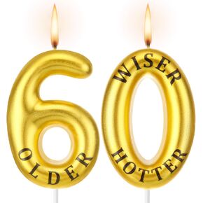 Funny 30th 40th 50th 60th 70th Birthday Candles Cake Numeral Candles Older Wiser Hotter Birthday Candles Golden and Black Cake Candles Topper Birthday Decoration Birthday Celebration Supplies(60th)