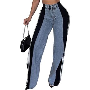 Women's Jeans Trendy Wide Leg High Waist Striped Stretch Casual Loose Fit Long Pants Blue Black S