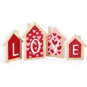 Valentines Day Decorations - 4 Pcs Wood House Shape Sign, Red and Pink Wooden Tiered Tray Decor, Classic Valentines Day Decor Home Office Shelf Mantel Table