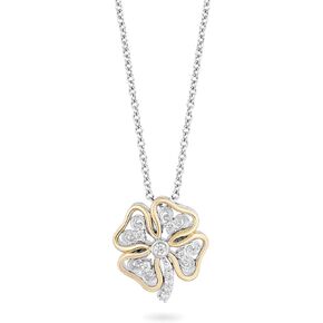 Jewelili Hallmark Fine Jewelry من الفضة الإسترليني والذهب الأصفر عيار 14 قيراط 1/10 قيراط أبيض طبيعي مستدير من الألماس الرومانسي قلادة البرسيم الرومانسية، سلسلة كابل 18 بوصة in Kuwait