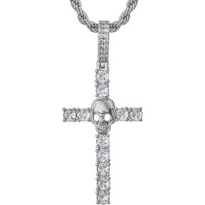 Silver Skull Cross Necklace For Women & Men, 14k Gold Plated Pendant Moissanite Cross Necklace With 22-Inch Rope Chain Man, Dainty CZ Rhinestone Silver Cross Necklace for Women Non Tarnish