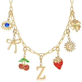 NEKOL Initial Charm Necklace for Women, Evil Eye Four-Leaf Clover Sun Bow Cherry Strawberry Removable Charms Necklace Paper Clip Chain Choker, Trendy Jewelry Birthday Christmas Gifts for Her