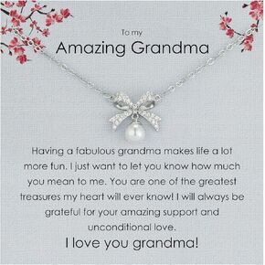 Necklace for Grandma Gifts Rhinestone Silver Bow Knot Pearl Necklace for Grandma Birthday Gifts Mothers Day Gifts for Grandma Generation Gifts