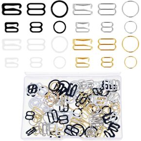 120PCS Bra Strap Hooks, Bra Hooks Replacement, Metal Bathing Suit Clips Clasp, Adjustment Slider, Bra Strap Rings for Swimsuit Tops and Lingerie, 3 Styles, 2 Sizes (Black, White, Gold, Silver)