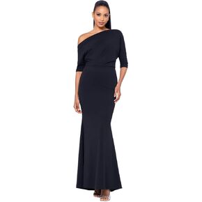 Betsy & Adam Women's Long One Sleeve Off Shoulder Scuba Crepe Sheath Gown, Black