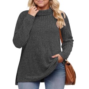 VISLILY Womens-Plus-Size-Tops Trendy Turtleneck Lightweight Sweaters Casual Long Sleeve Shirts Dressy Side Split Tunics 1X-5X in Kuwait
