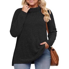 VISLILY Womens-Plus-Size-Tops Trendy Turtleneck Lightweight Sweaters Casual Long Sleeve Shirts Dressy Side Split Tunics 1X-5X