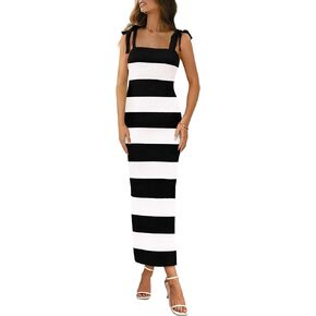 BTFBM Women's Summer Dress Sleeveless Spaghetti Strap Striped Maxi Dress Casual Party Dresses Beach Long Dress