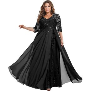 3/4 Sleeve Mother of The Bride Dresses for Wedding Sequin Lace V Neck A Line Chiffon Long Formal Evening Dress