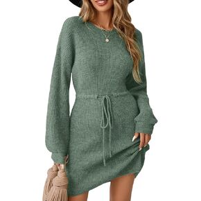 Womens Wrap Drawstring Sweater Dress Fall 2024 Dressy Casual Cute Waffle Knit Crewneck Long Sleeve Midi Dresses