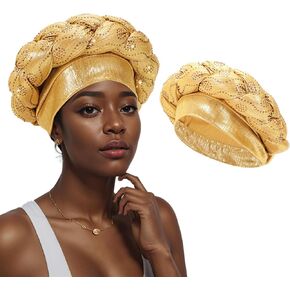 XEPST African Turban Head Wrap Braid Beanie Cap Headwear Gold Twisted Head Turbans Headwarps for Women