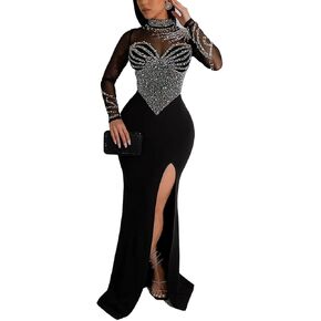 WOKANSE Women's Formal Dresses Mock Neck Sexy Mesh See Through Long Sleeve High Slit Sparkly Rhinestone Prom Dress