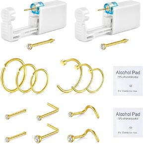 JIESIBAO 16Pcs Nose Piercing Kit,with 3mm Cubic Zirconia Nose Studs,Complete Set with 2 Piercing Guns Cleaning Pads 316L Stainless Steel 20G Nose Rings and Nose Screws For Nose Piercing