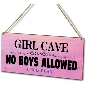 Pink Bedroom Décor Wood Plaque Sign Wall Hanging, Girl Cave No Boys Allowed Except Dad, Decor Door Wooden Hanging Sign (1pc), Art Gift for Farmhouse Bathroom Bedroom Playroom -01
