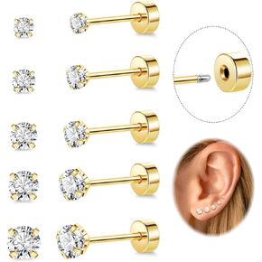 5 أزواج 20G 316L الفولاذ المقاوم للصدأ أقراط مسطحة الظهر للنساء والرجال 5A مكعب زركونيا دفع في أقراط اللولب الغضروف الزنمة أقراط 2-6 مم
