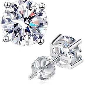 Moissanite Earrings for Women Men, Screw Back Studs 925 Sterling Silver, Lab Created Diamond 18K White Gold Plated, Round Cut D Color VVS1 Hypoallergenic Jewelry Gifts