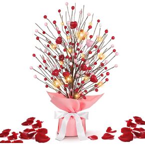 Valentine's Day Artificial Berry Flower, Heart Shaped Berry Stem with Warm White LED Lights, Perfect for Wedding, Anniversary, Propose, & Home Decoration