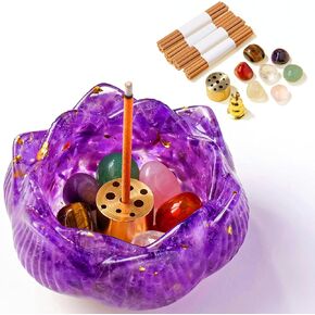 15pcs Incense Burner Amethyst Resin Crystal Lotus Flower Incense Holder for Inserting Incense Removable Ash Collector for Meditation Room and Home Decor