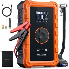 AstroAI S8 Air Jump Starter with Air Compressor, 1500A Car Battery Jumper Starter Portable (6.0 Gas/3.0L Diesel) with 150PSI Cordless Auto-Shutoff Tire Inflator, 12V Battery Charger Booster(Orange)