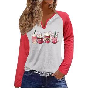 Long Sleeve Notch Neck Valentines T Shirts for Women V Neck Spring Coffee Heart Raglan Valentines Day Baseball Tees Tops
