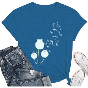 Cat Shirts for Women Flower Tee Shirts Womens Dandelion T-Shirt Cute Dandelion Cat Graphic Print Shirts