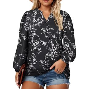 Plus-Size-Tops for Women Dressy Puff Lantern Long Sleeve Shirts Cute Notch V Neck Casual Tunic Blouses XL-5XL