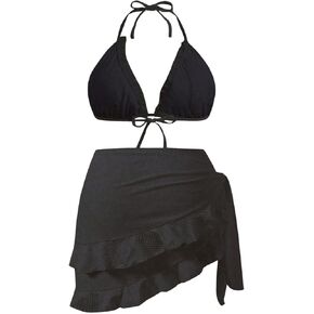 Women's 3 Piece Plus Size Lettuce Trim Bikini Halter Tie Side Triangle Set with Beach Skirt High Cut Bikini Swimsuit