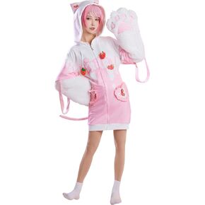 Womens Girls Strawberry Milk Cat Onesie Pajamas Plush One Piece Cosplay Cat Costume