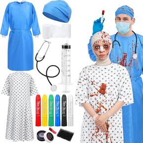 15 Pcs Halloween Couples Costume Set Doctor Surgeon and Patient Bloody Costume Unisex Hospital Patient Gown for Halloween Cosplay Party Men Women Couple Costume