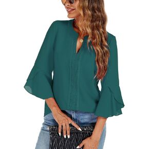 jonivey Womens Dressy Casual Blouses 3/4 Bell Ruffle Sleeve V Neck Business Lace Tops Ladies Trendy Work Shirts