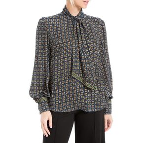 Max Studio Women's Long Sleeve Bow Neck Tie Button Up Blouse, for Office & Work
