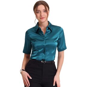 Allegra K Satin Blouse for Women's Silky Work Business Workwear Short Sleeve Button Down Shirt