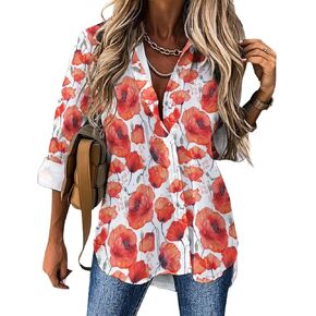 Watercolor Wild Red Poppies Womens Button Down Long Sleeve Shirts V Neck Roll Up Cuffed Sleeve Work Blouse Tops