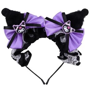 Roffatide Anime Kuromi Hairpin Ear Plush Hairband With Bows & Lace Ribbons Girls Kawaii Costume Halloween Christmas Holiday Party Birthday Gift Black
