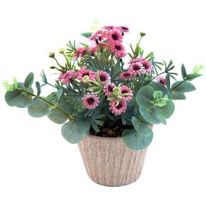 Fake Pink Flowers Plants 9" Artificial Daisy Indoor Plants with Brilliant Yellow Plastic Pot Realistic Eucalyptus Hanging Frosted White Leaves for Home Decor Porch Pots Planter Decorations